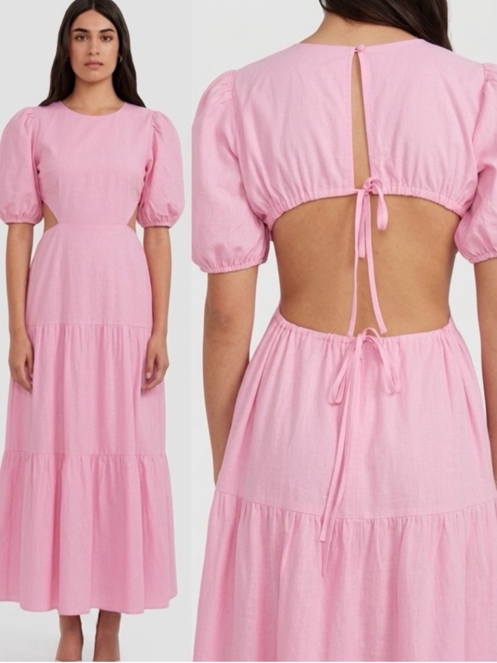 NWT Charlie Holiday Floress Pink Linen Cut Out Open Back Tiered Maxi Dress 8 L